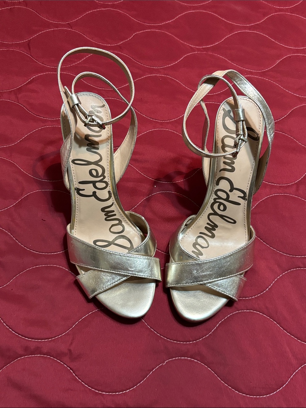 Sam Edelman Metallic Gold Crisscross Ankle-Strap Heels